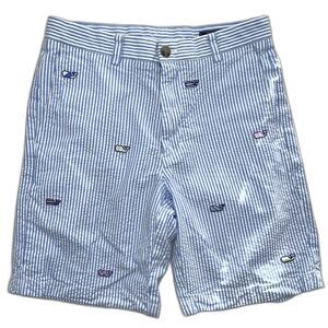 VINEYARD VINES Blue + White Striped Whale Embroidered Derby Breaker Shorts 30